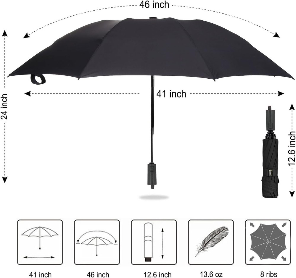 LANBRELLA Compact Reverse Folding Umbrella Auto Windproof 46 INCH, Black