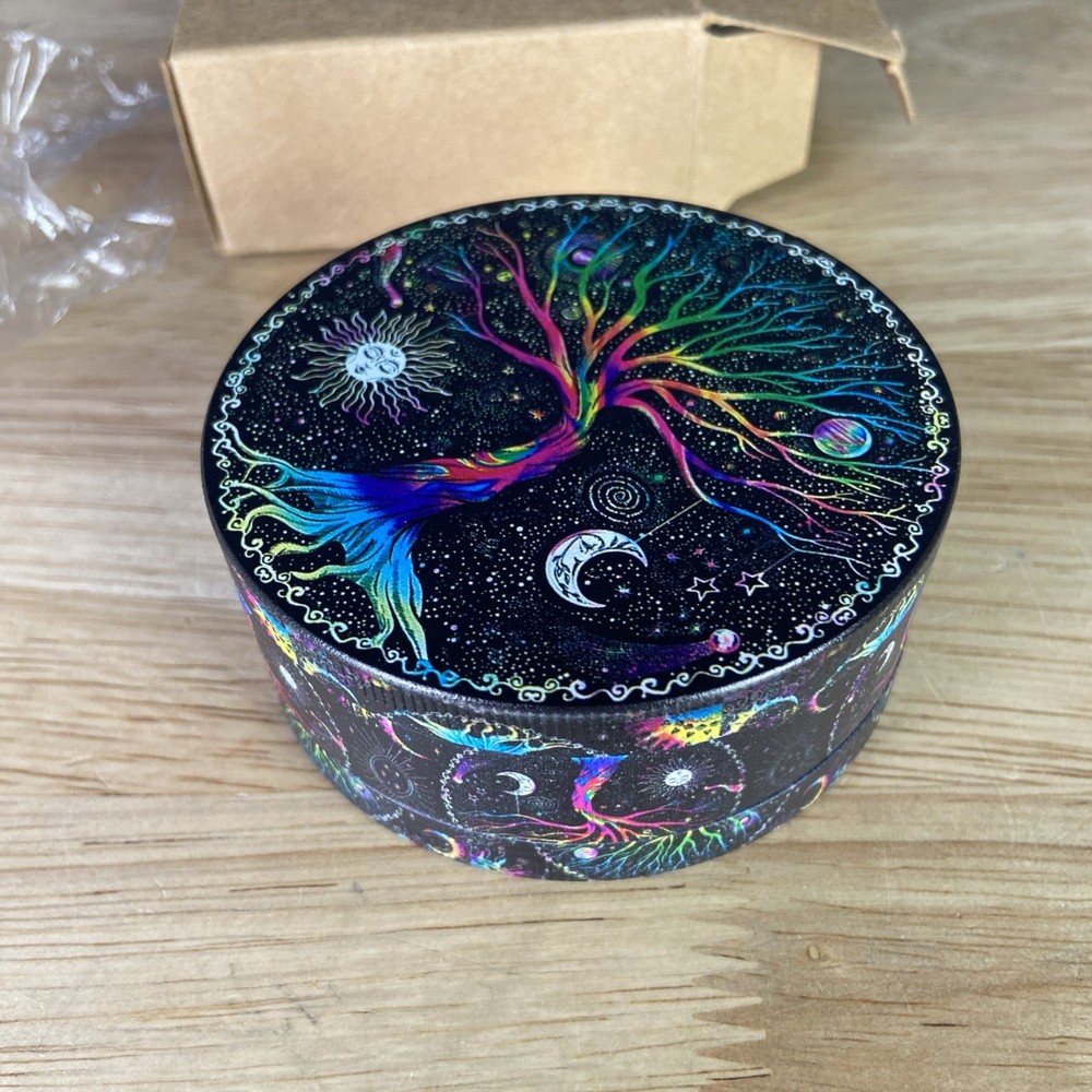 3” Boho Spice Grinder, Cool Black Lucky Tree Pattern, Sun, Moon, Psychedelic