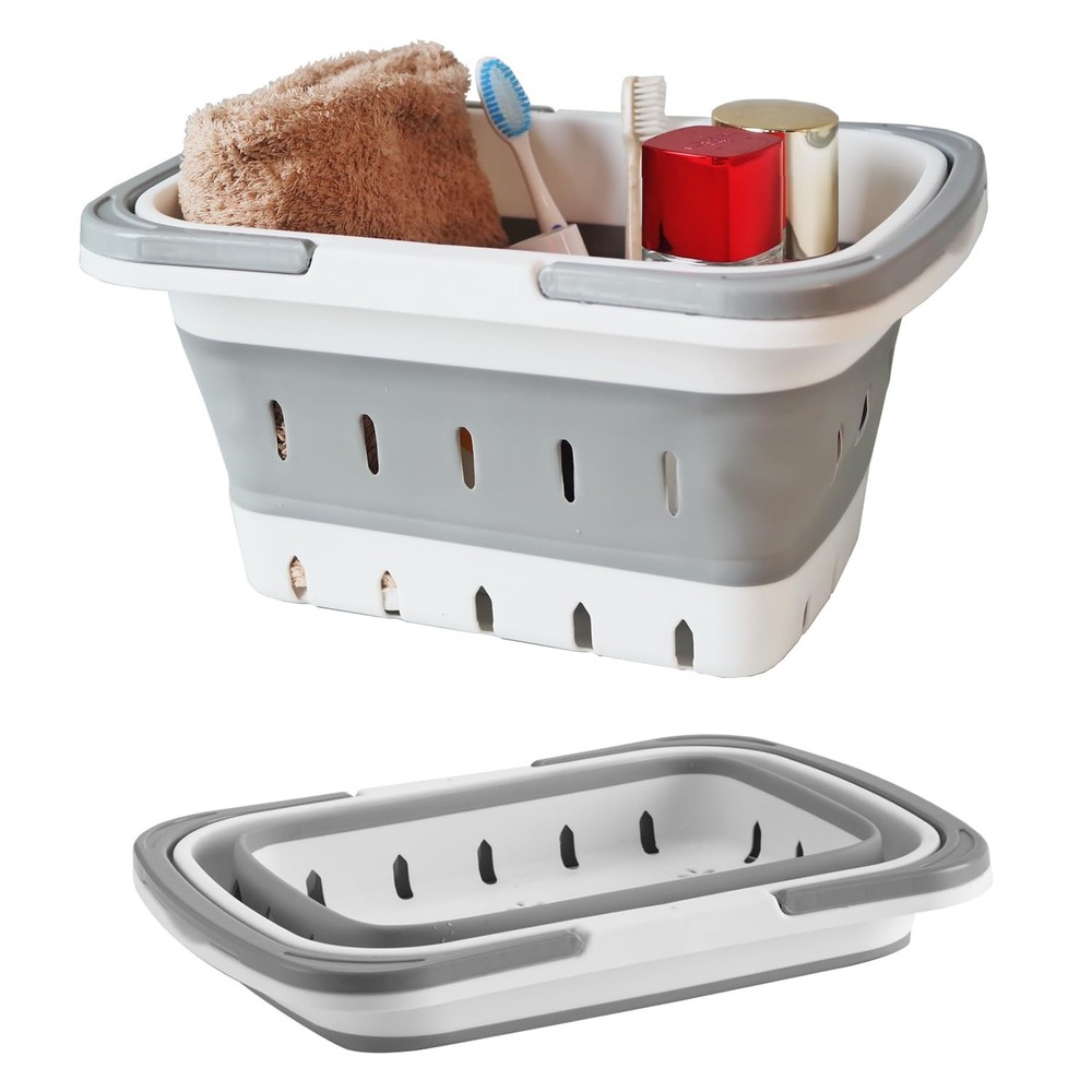 MINDFARGE Portable Folding Plastic Bath Caddy with Handle, 1 pack, Grey