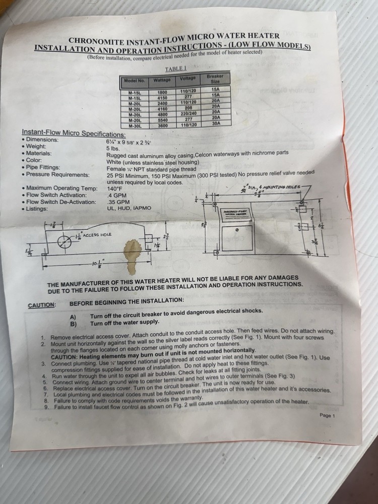 Chronomite Micro Mix Water Heater Electric Tankless M-15L/277-MM (104F) Open Box