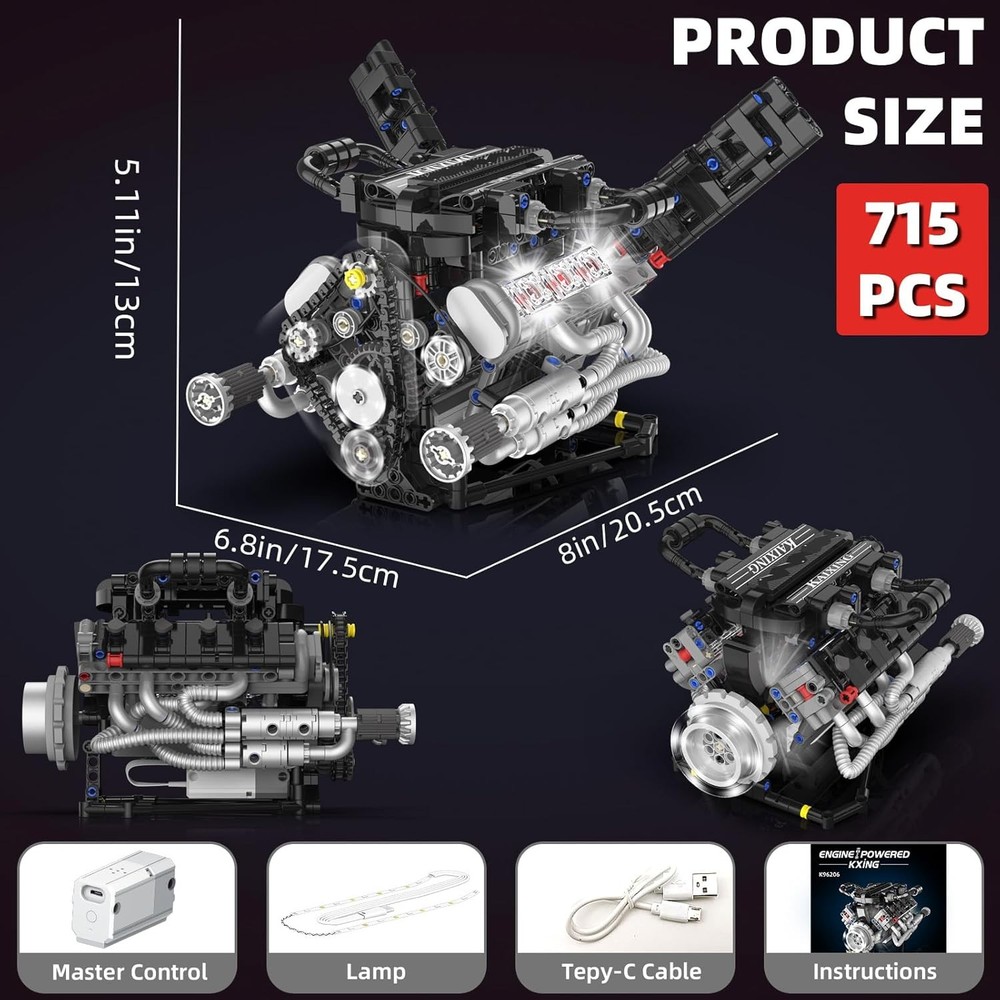 V8 Mini Engine Model Kit That Runs Building Sets with Motor. APP Control Technic