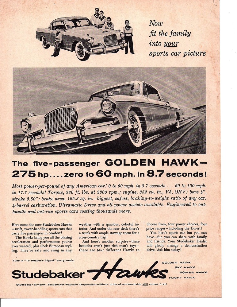 1956 STUDEBAKER GOLDEN HAWK  275-HP ~ ORIGINAL PRINT AD