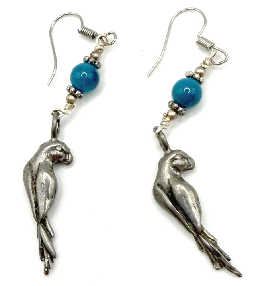 Parrot Dangle Earrings Silver Tone Turquoise Beads 2.5" Boho