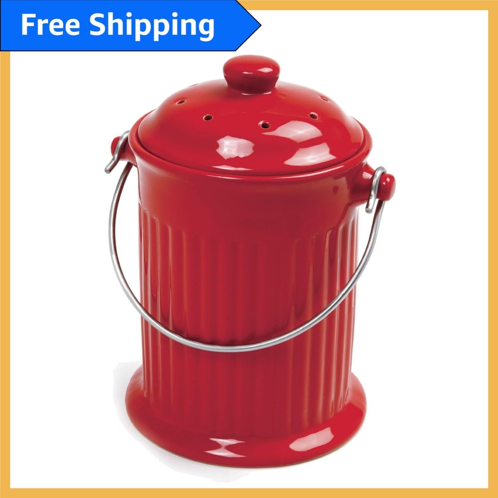 Functional 1 Gallon Red Ceramic Compost Keeper for Effortless Kitchen Use