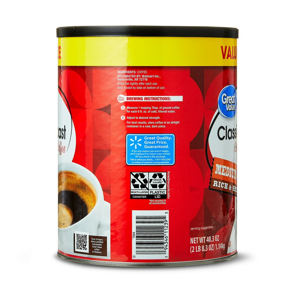 Great Value Classic Medium Roast Ground Coffee, Naturally Caffeinated