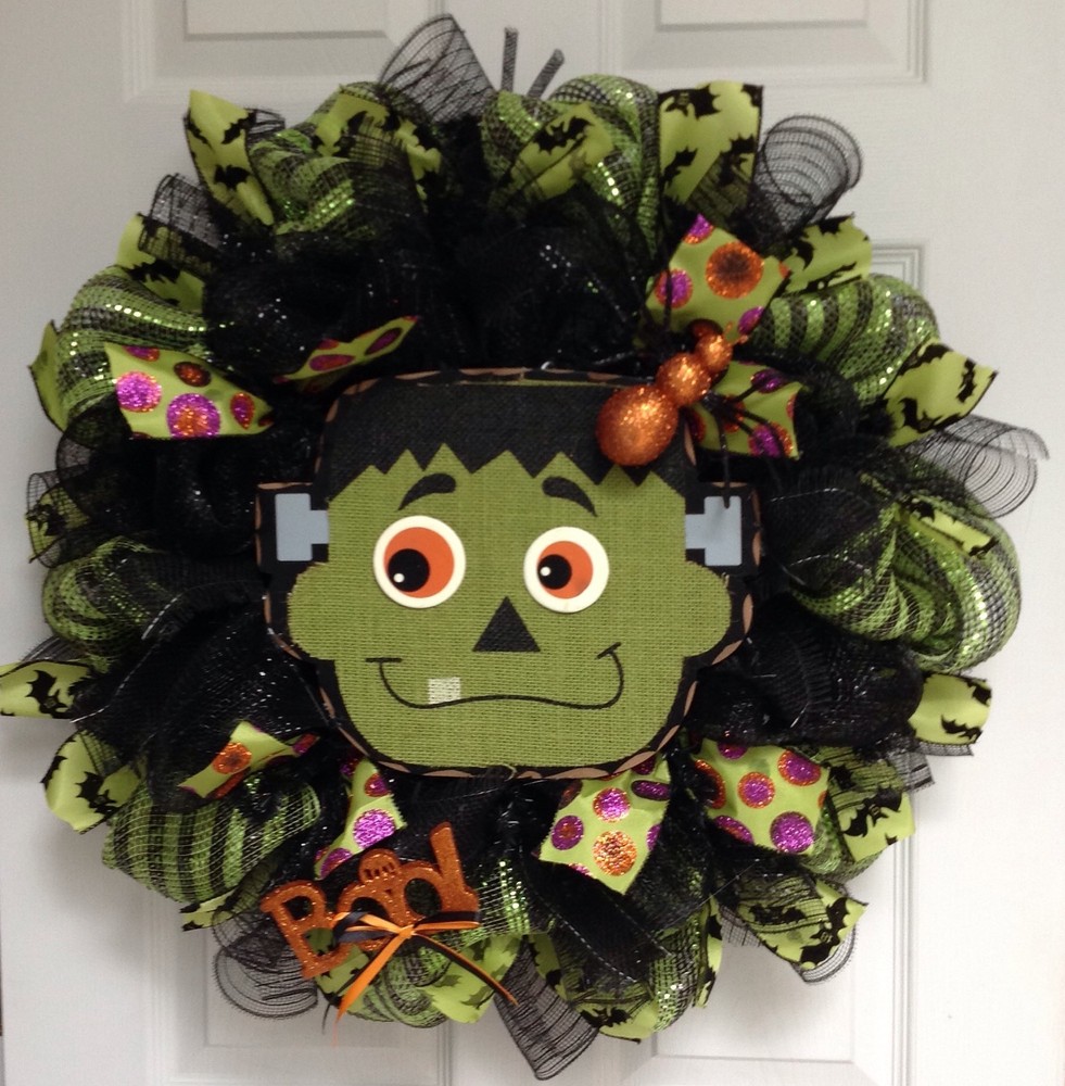 Smiling Frankenstein Halloween Deco Mesh Wreath