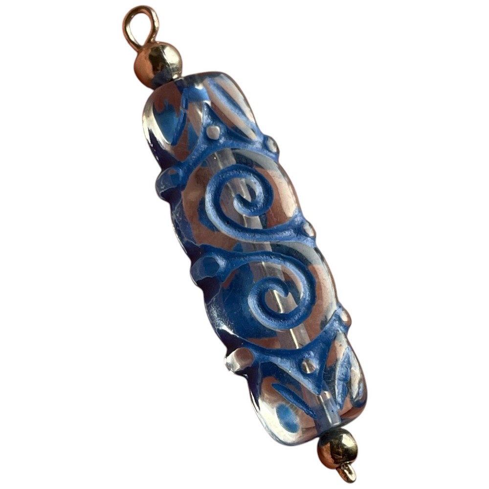 Boho Blue Swirl Pattern Ornamental Scrollwork Eclectic Beaded Pendant Charm