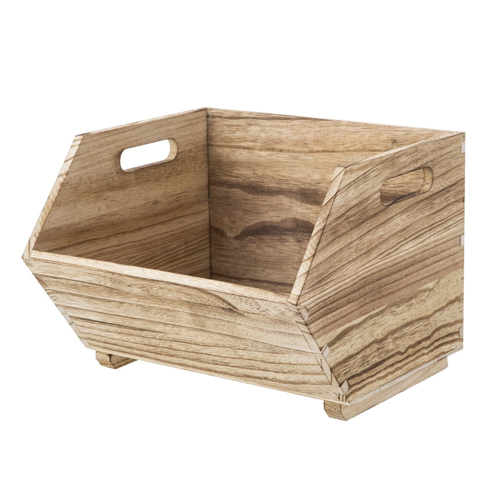 2-Pcs Natural Wood Stacking Open Front Decorative Storage Bin Modern