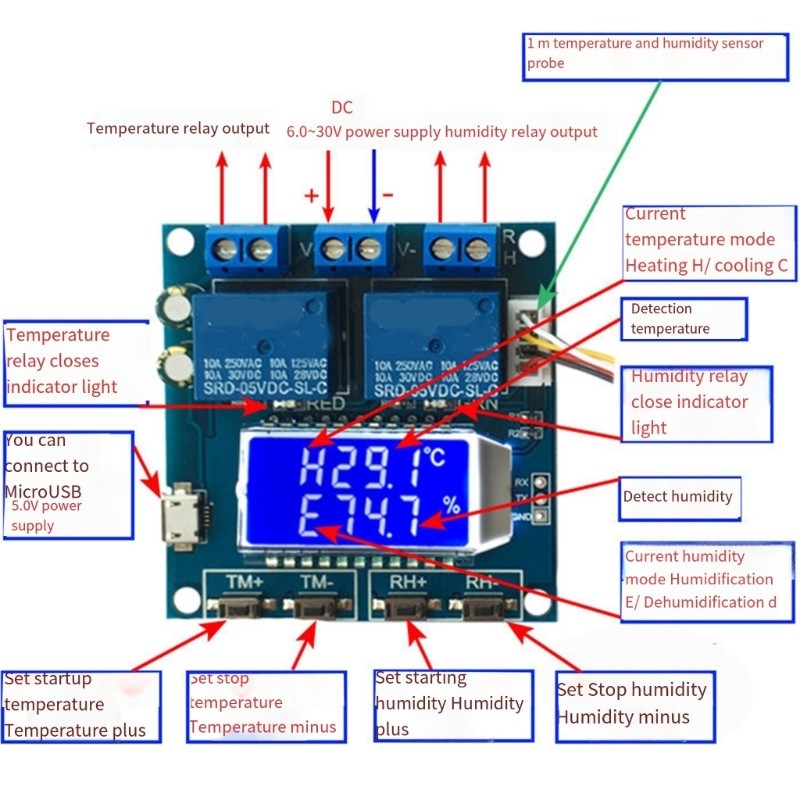 Digital Display Temperature Humidity Control Module -20 to 60℃ 10A Precisions