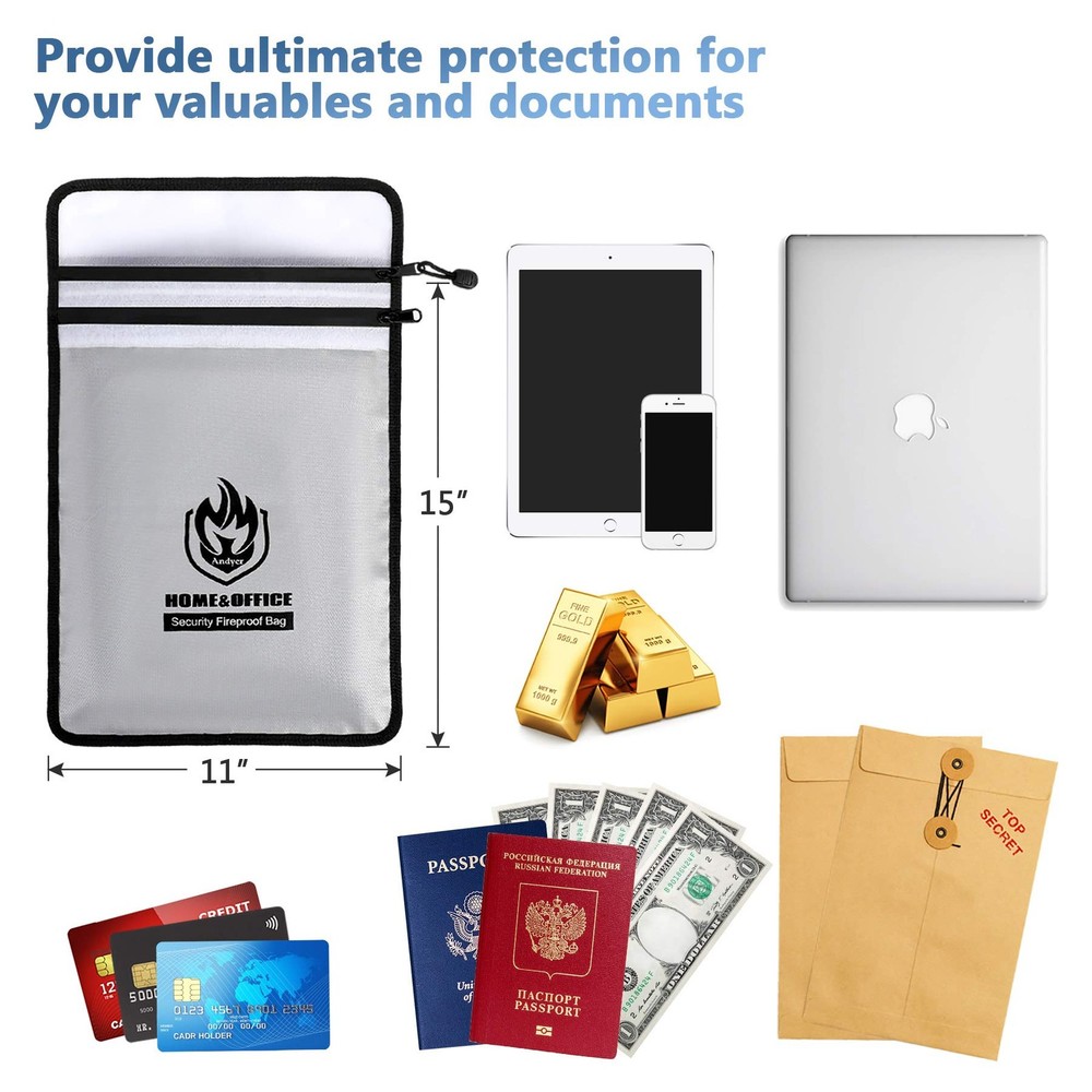 Upgraded Two Pockets Fireproof Document Bag (2000℉), andyer 15”x Large, Grey