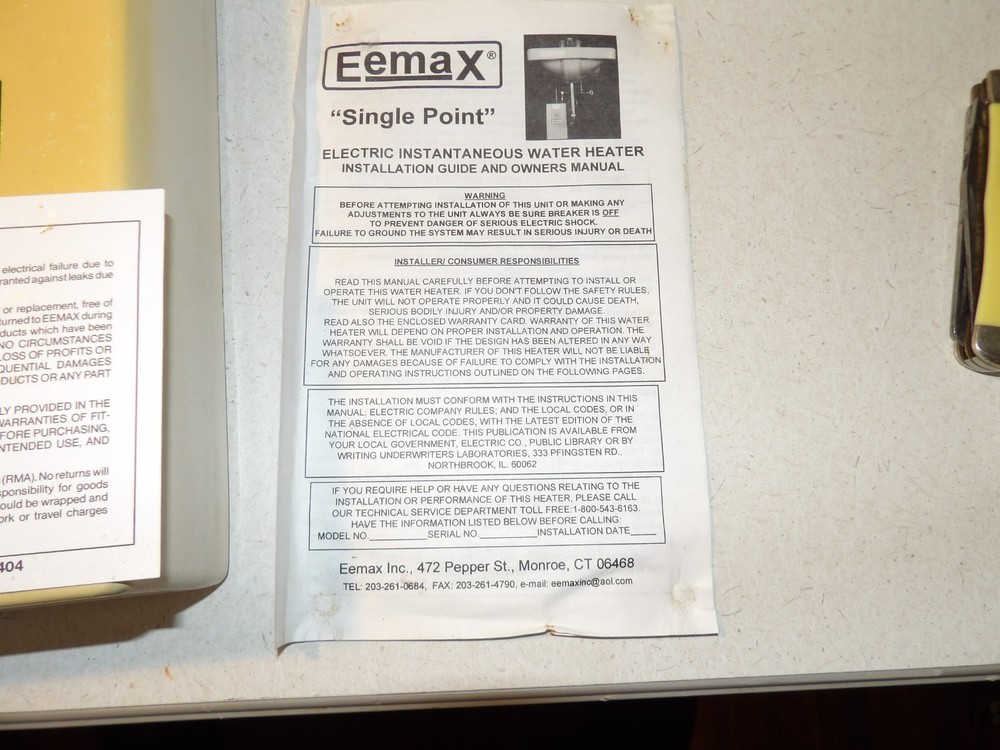 Eemax Electri Instantaneous Water Heater Single Point SP 3012 120vac 150 PSI max