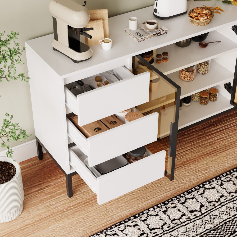 White Buffet Cabinet - Storage, Doors + 3 Drawers, Pantry/Console for Kitchen