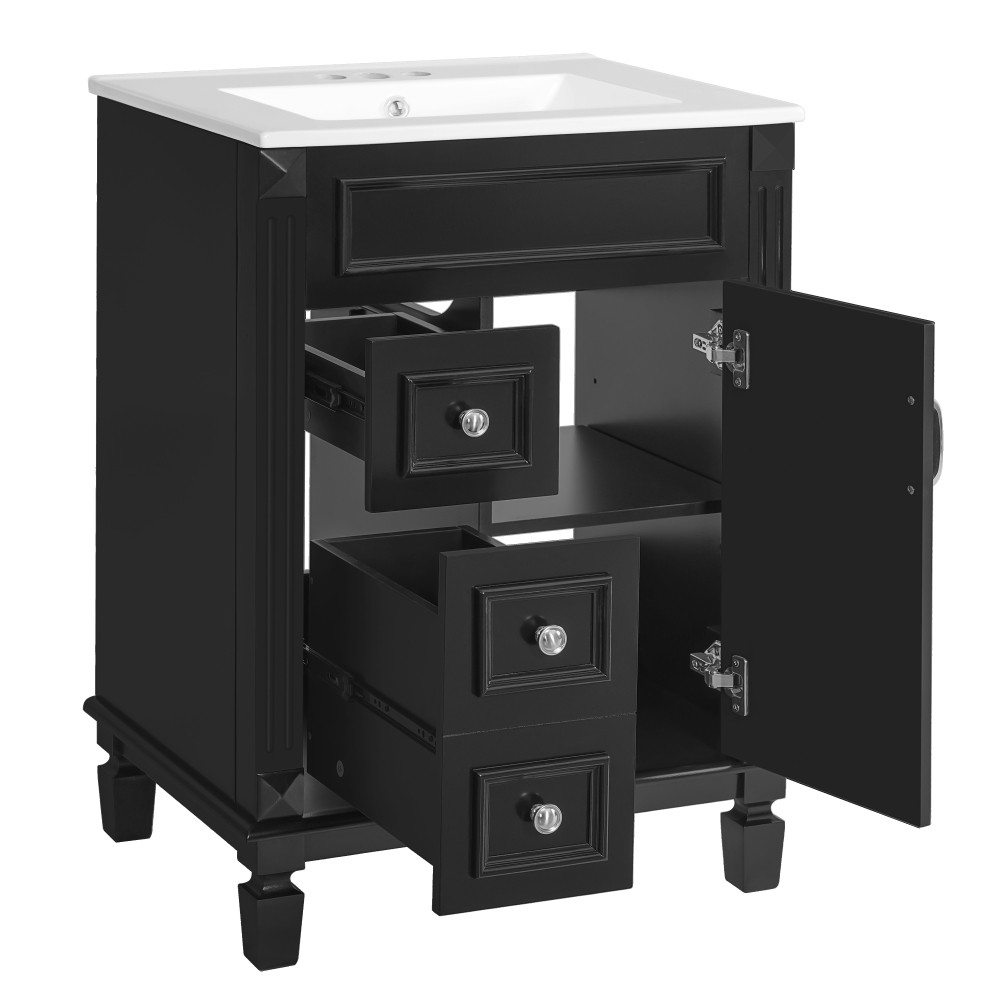 Bathroom vanity W ceramic sink Features two drawers Includes adjustable shelves