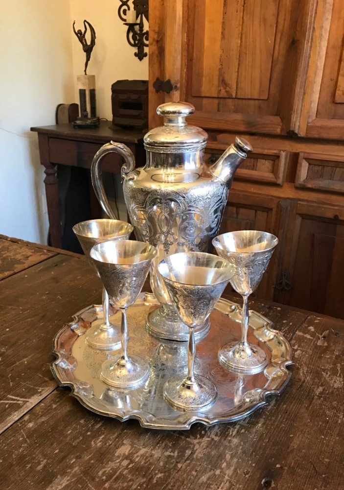 1920’s Art Deco Silver plate Cocktail Set Pitcher & Goblets paisley pattern
