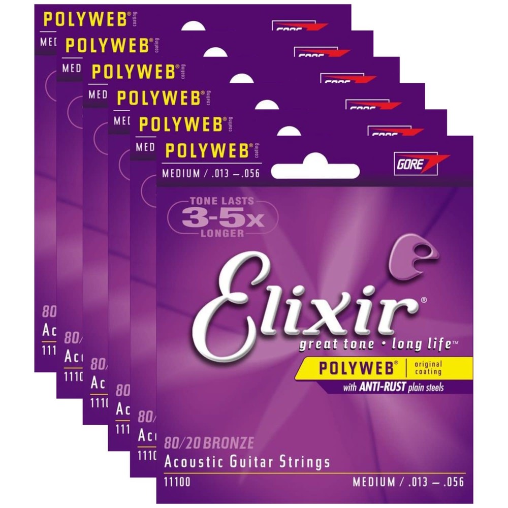 6 Sets of Elixir 11100 Medium Acoustic Strings (13-56) (Polyweb) w/ Free String