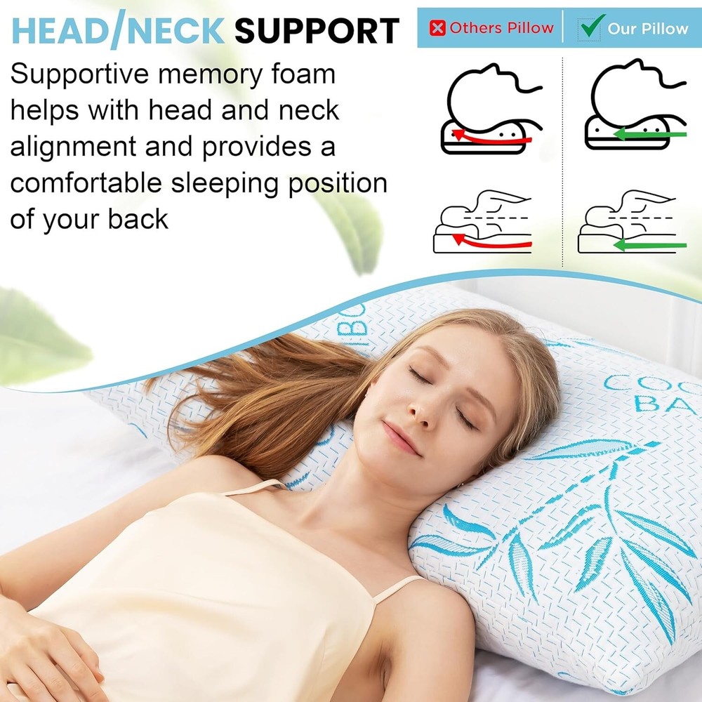 Memory Foam Pillows- Cooling Bamboo Pillows for Sleeping-Adjustable and Washable