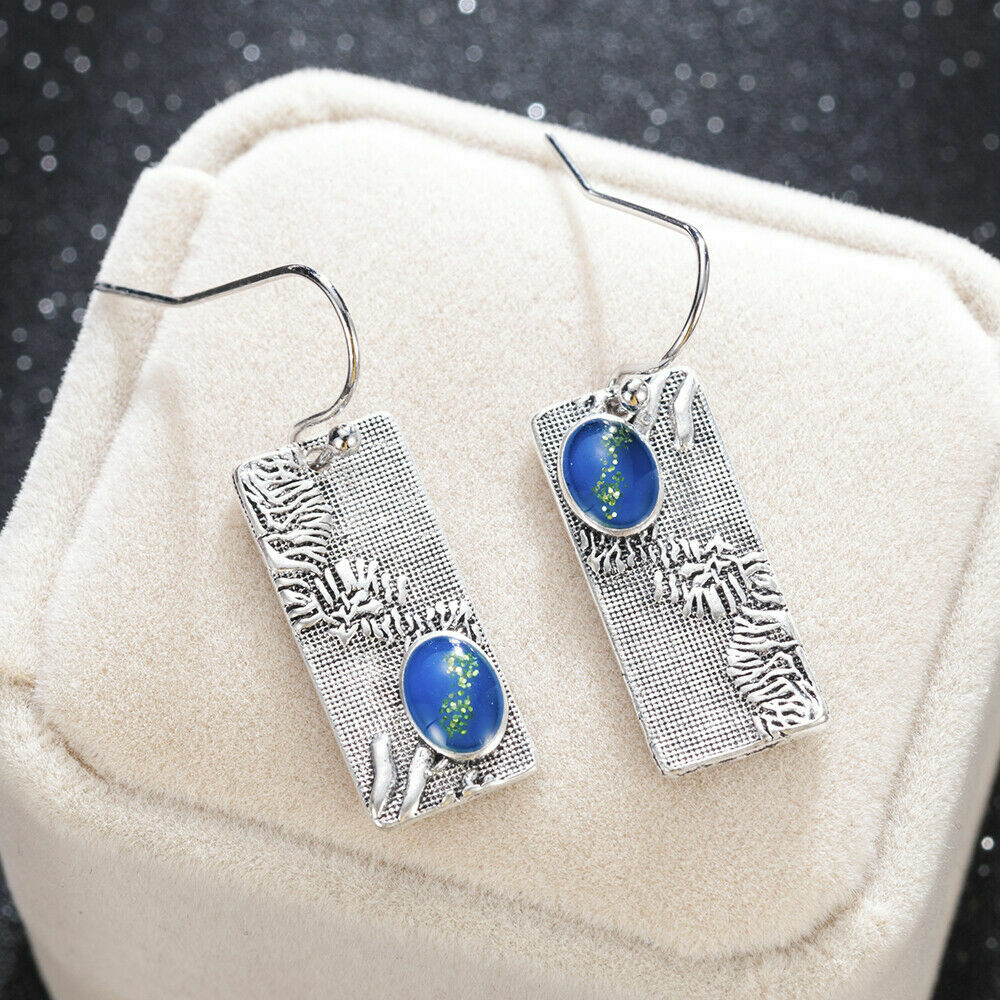 Unique New Silver Plated Blue Asymmetric Rectangle Hook Dangle Drop Earrings
