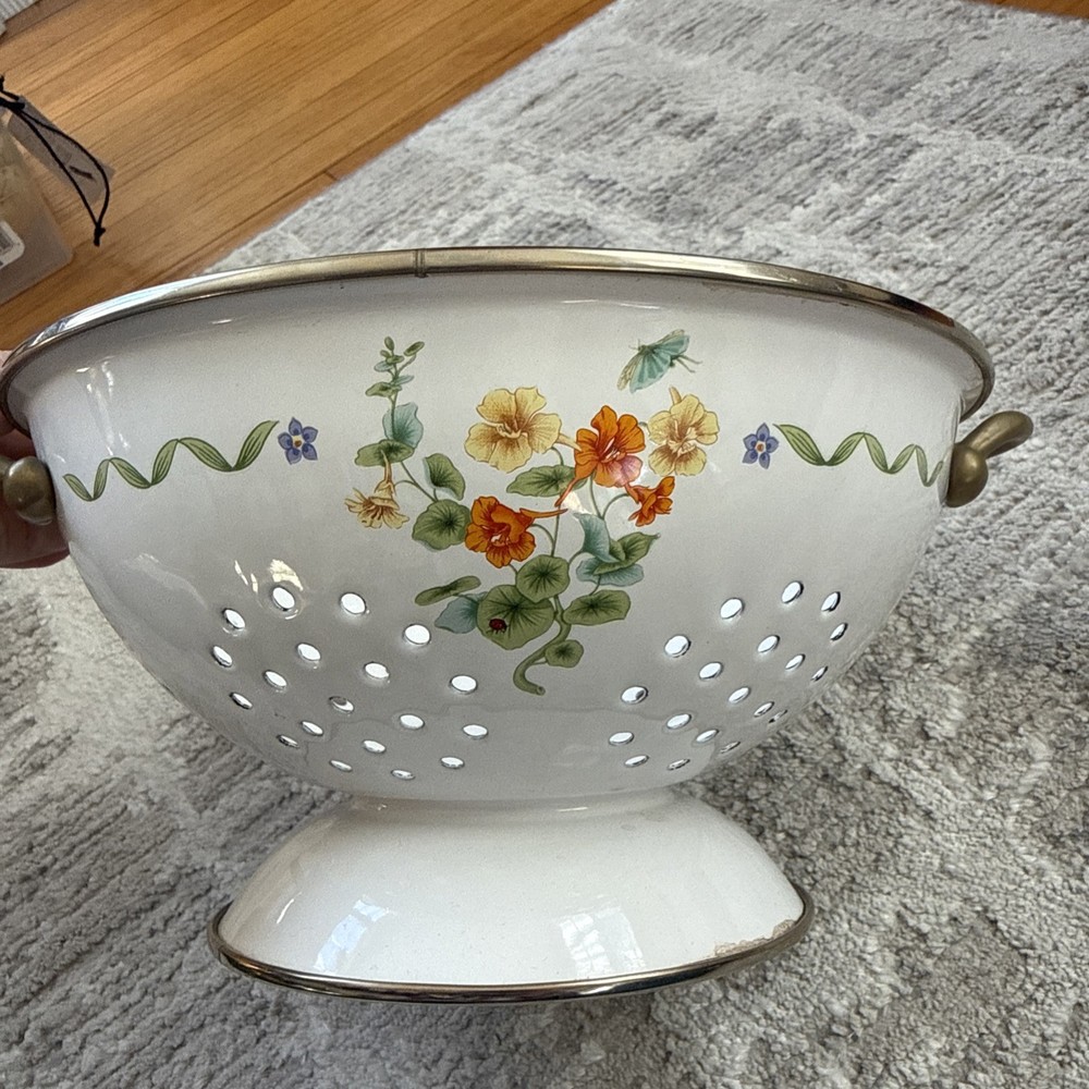 Enameled Colander/Strainer With Brass Handles Beautiful Floral Pattern