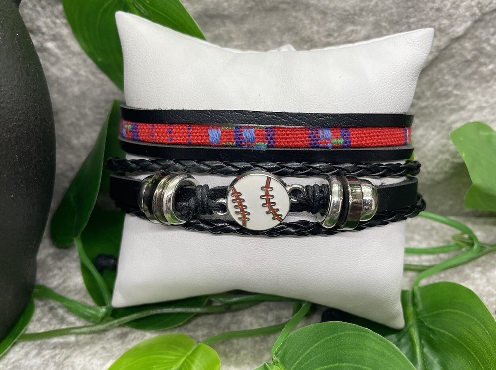2 PC Baseball Leather Bracelet Stackable Adjustable Tie New B2815