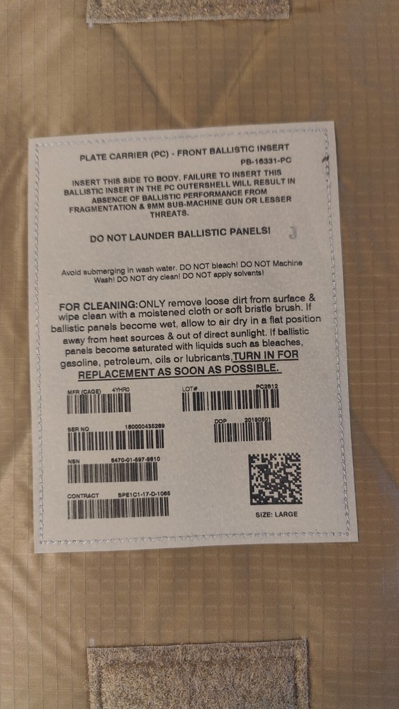USMC plate carrier soft armor insert, soft armor only size Large (New)