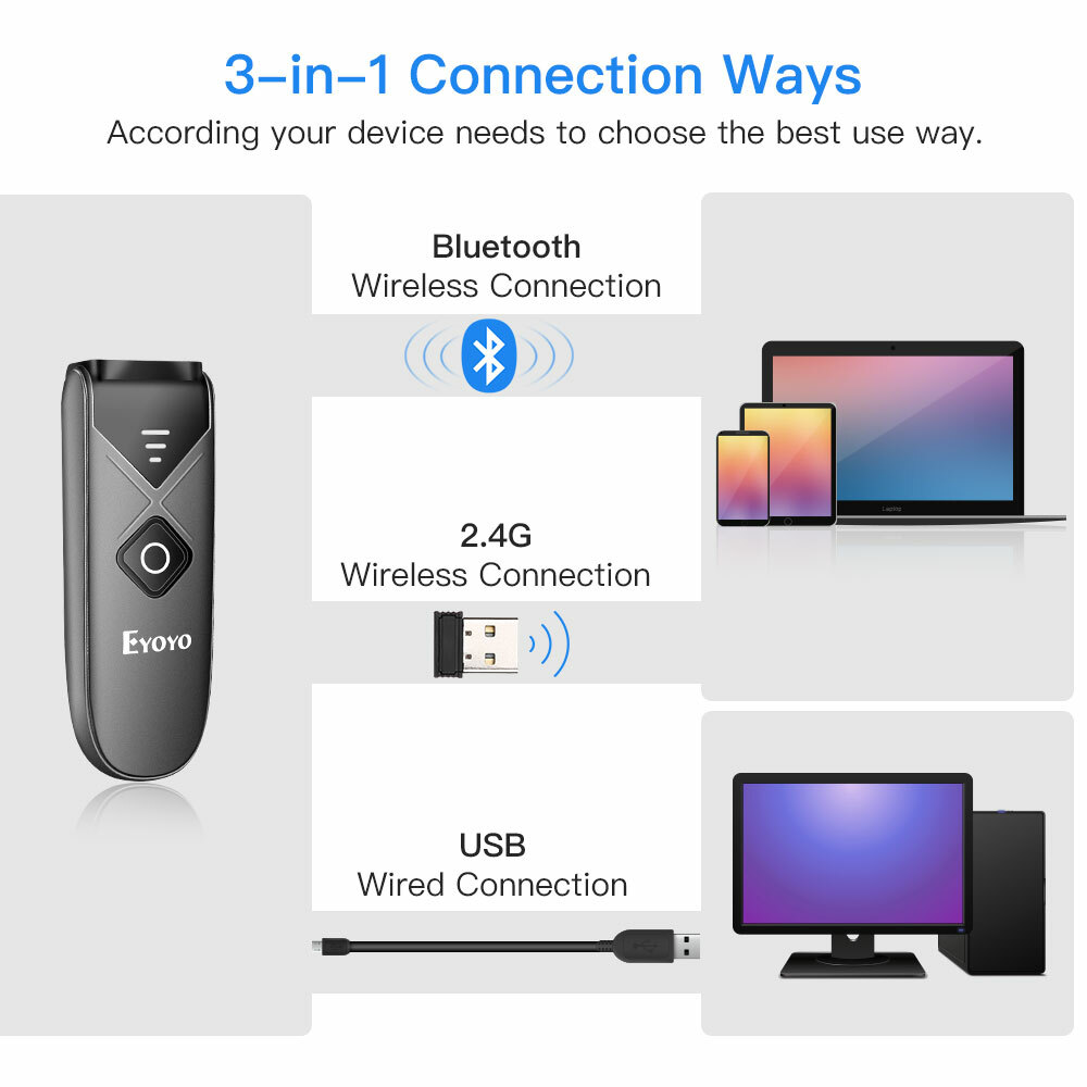 EYOYO Mini Wireless 2D QR Code Barcode Scanner Bluetooth USB Reader for PC Phone