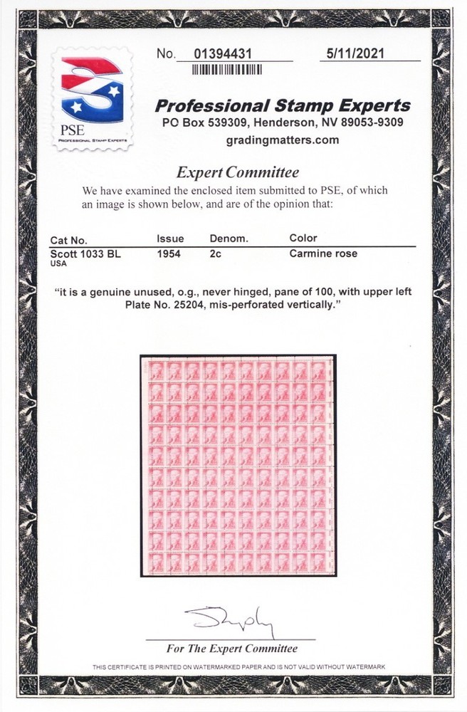 1033, Mint NH 2¢ Great Misperforated ERROR Complete Sheet - PSE Stuart Katz