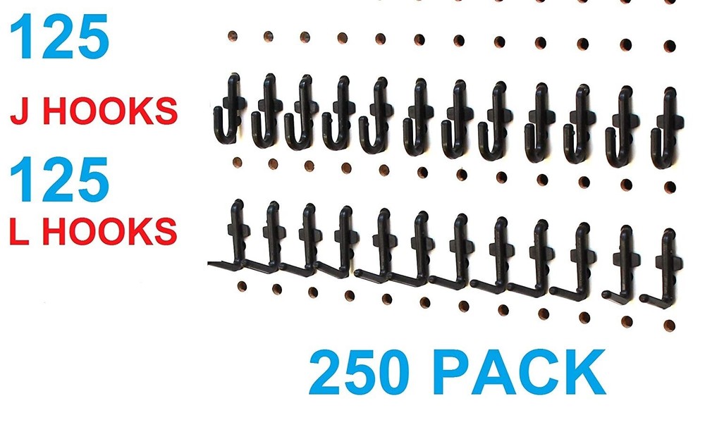 Plastic Black J & L Style Pegboard Hooks Kit - 250 Pack PEGBOARD NOT INCLUDED