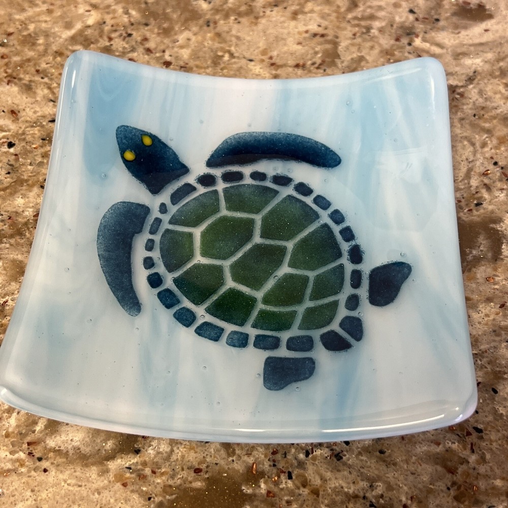 Fused Art Glass Blue Trinket Dish Turtle