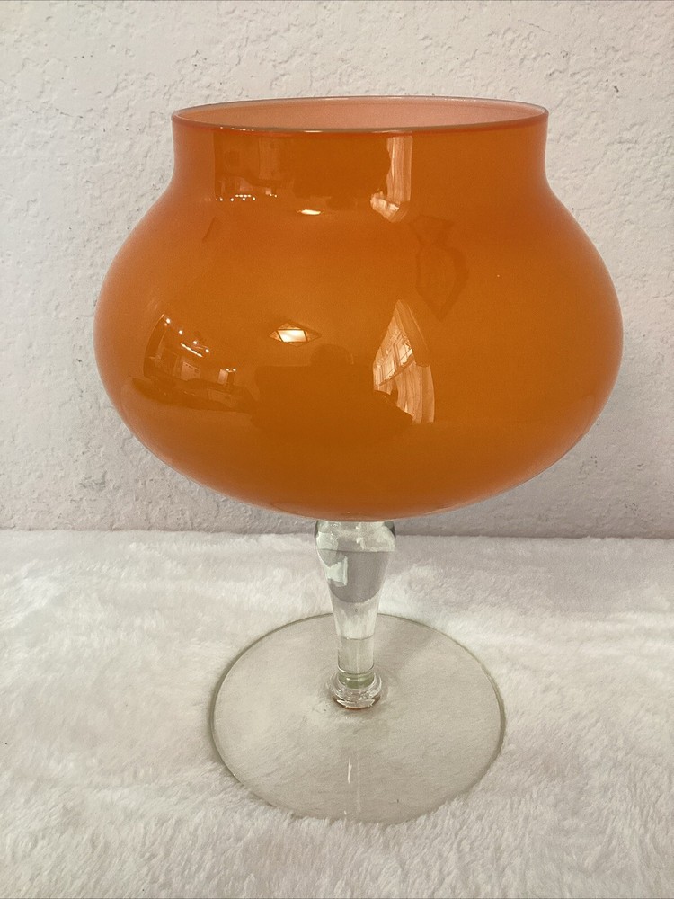 MCM Empoli Studio Art Candy Dish - Bright Orange with White Inside & Clear Stem