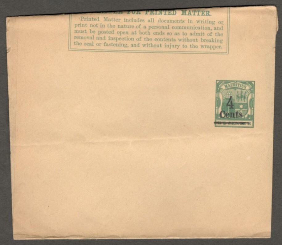 (AOP) Mauritius 1898 4c on 3c green wrapper unused. HG #E2