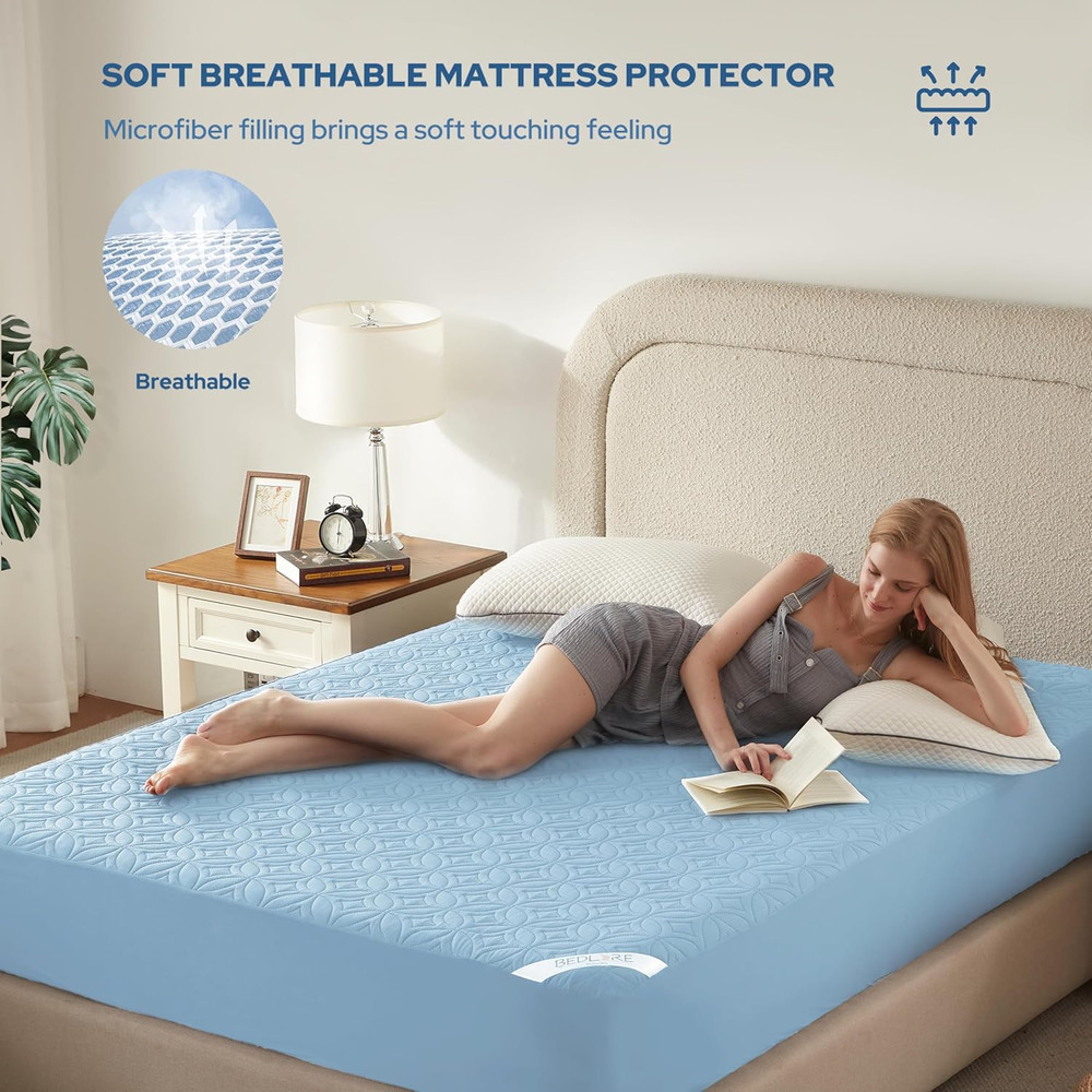 Queen Waterproof Mattress Protector Deep Pocket 6"-18" Sky Blue