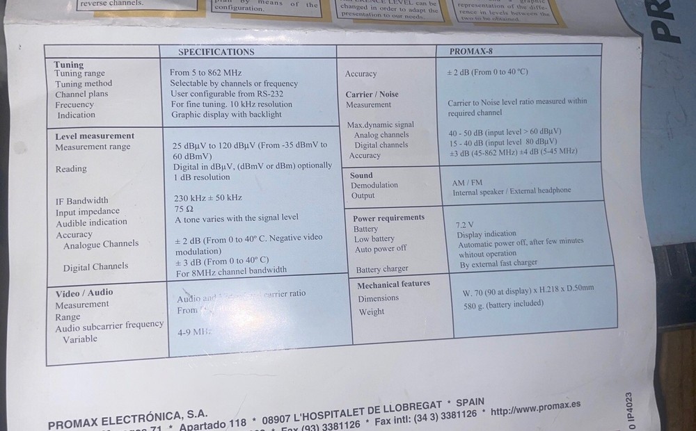 Promax 8 Plus Cable Tv Analyzer. 5-862 Mhz.