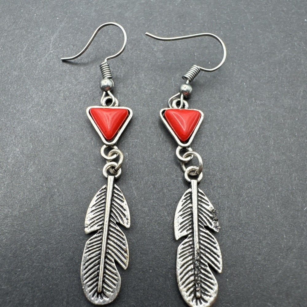 Native Inspired Dangle Drop 2.5” Earrings Silver Tone Red Stone Feather