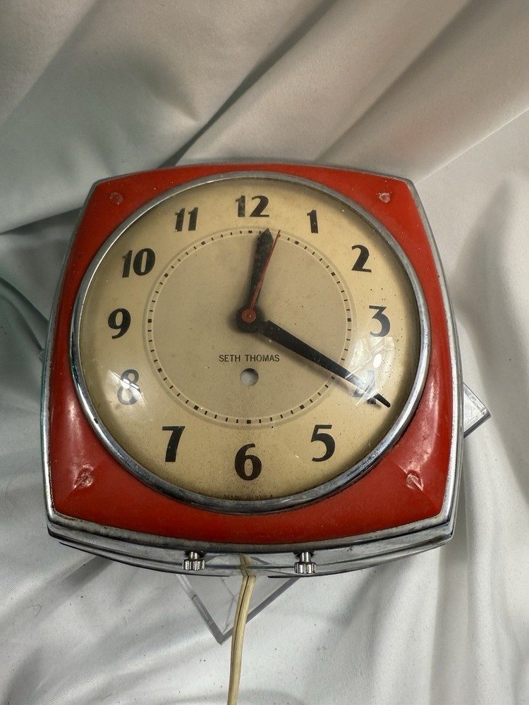 Vintage MCM Seth Thomas Electric Wall Clock Red Works