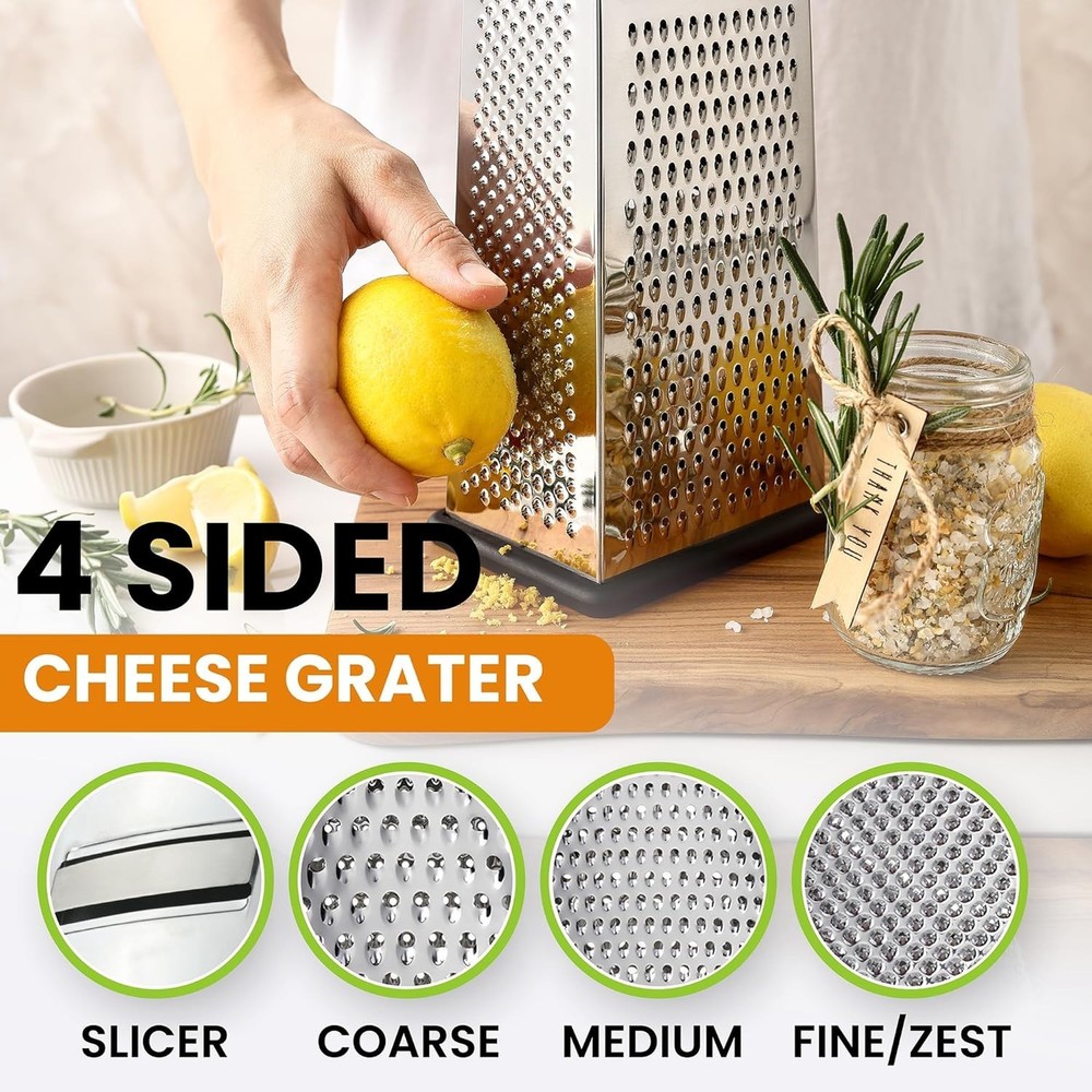 Professional Stainless Steel Parmesan Grater - 4 Sided Multi-Function Shredder