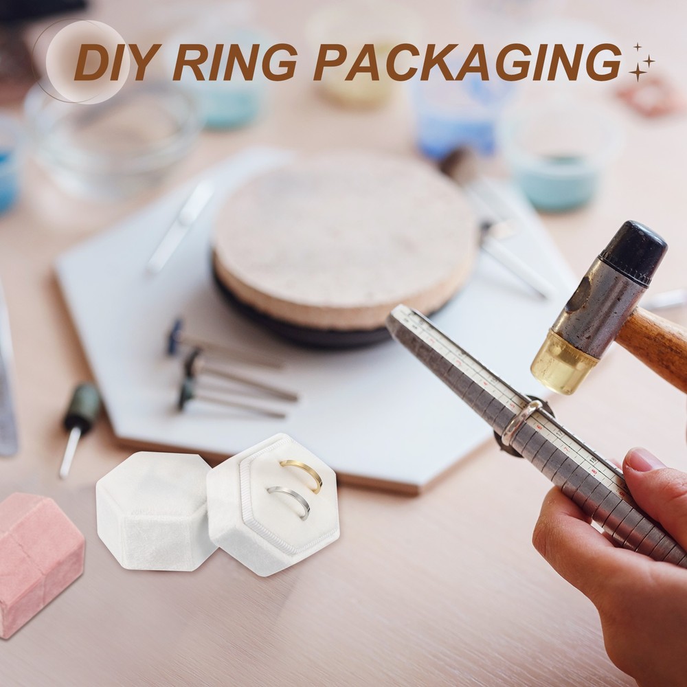 Velvet Ring Box, Hexagonal Ring Box Storage 2 Slots Ring Holder Box (White)