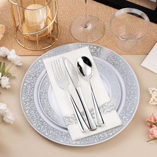 700PCS Plastic Dinnerware Set for 100 Guests, Disposable 100 Guests Set Silver