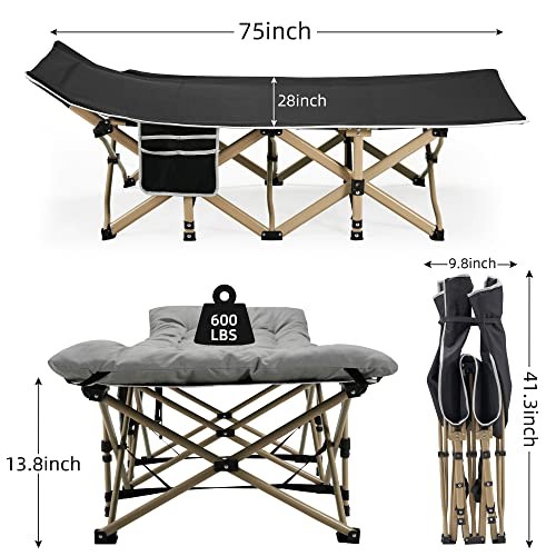 Portable Camping Cot, 600LBS Max Load, Extra Wide with Thick Mattress, 1 Grey