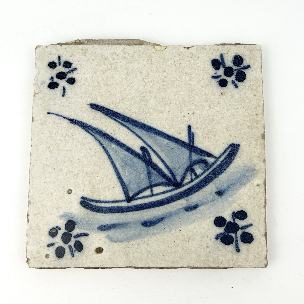 Antique Delft Clipper Ship Blue Hand Painted Tile