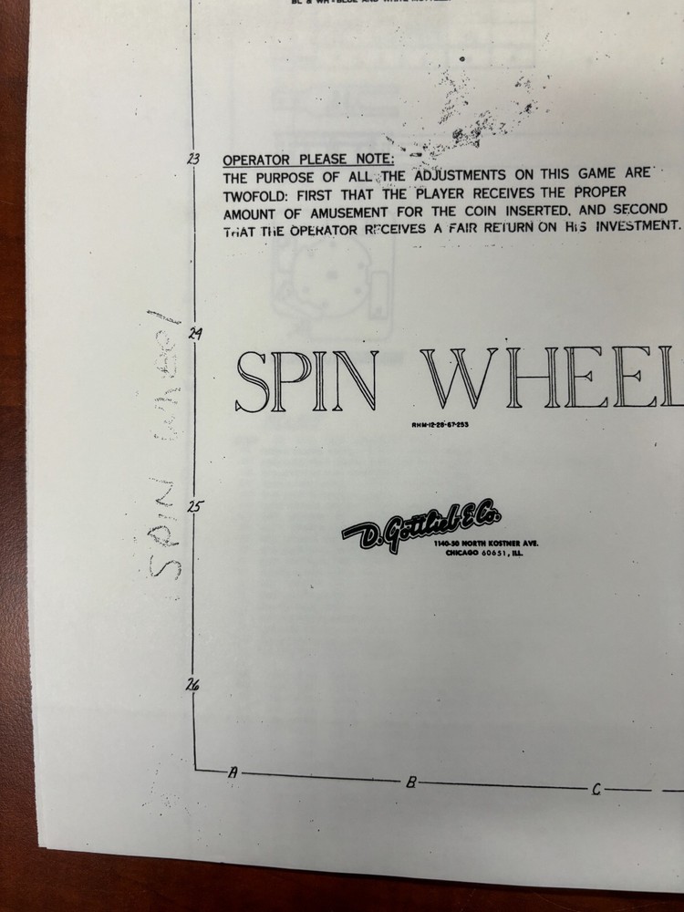 ORIGINAL-GOTTLIEB-SPIN WHEEL-PINBALL-SCHEMATICS