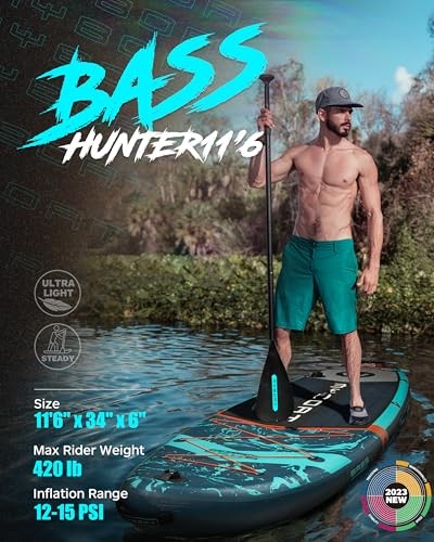 11'6"×34"×6" Extra Wide Inflatable Paddle Board, bass hunter basic version