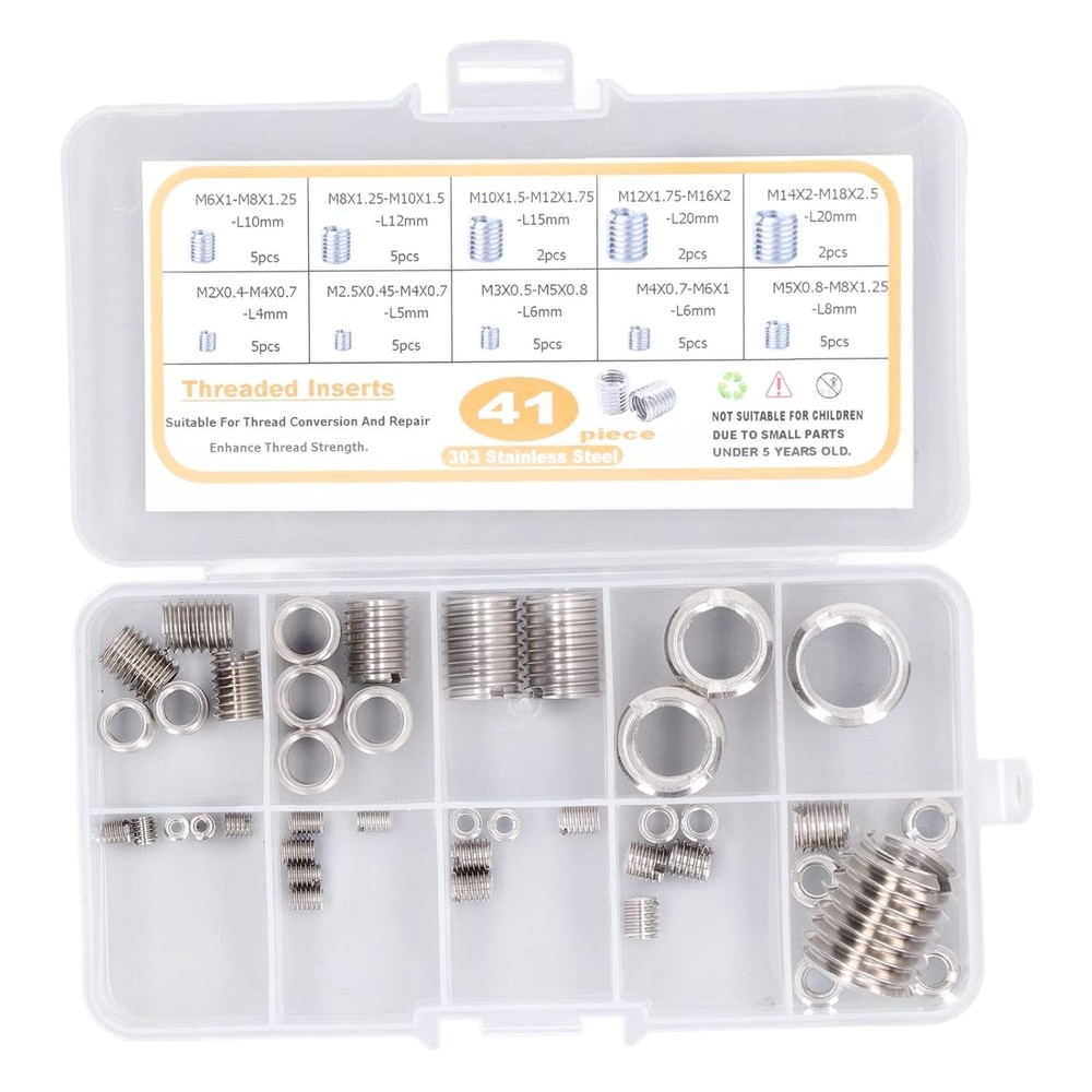 Thread Reducer Nut Assortment 41 Pcs Repair Insert Normal, Silver