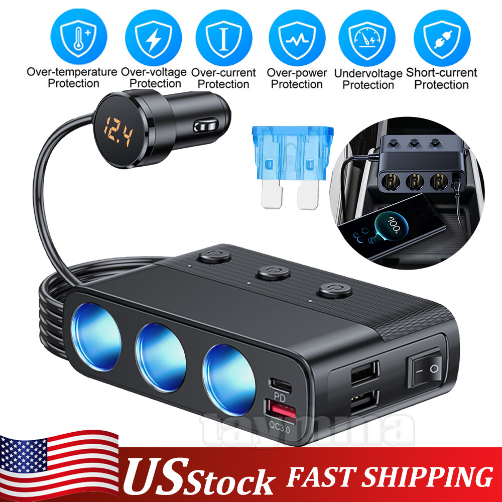 3 Way Car Cigarette Lighter Socket Splitter USB Fast Charger Power Adapter 12V
