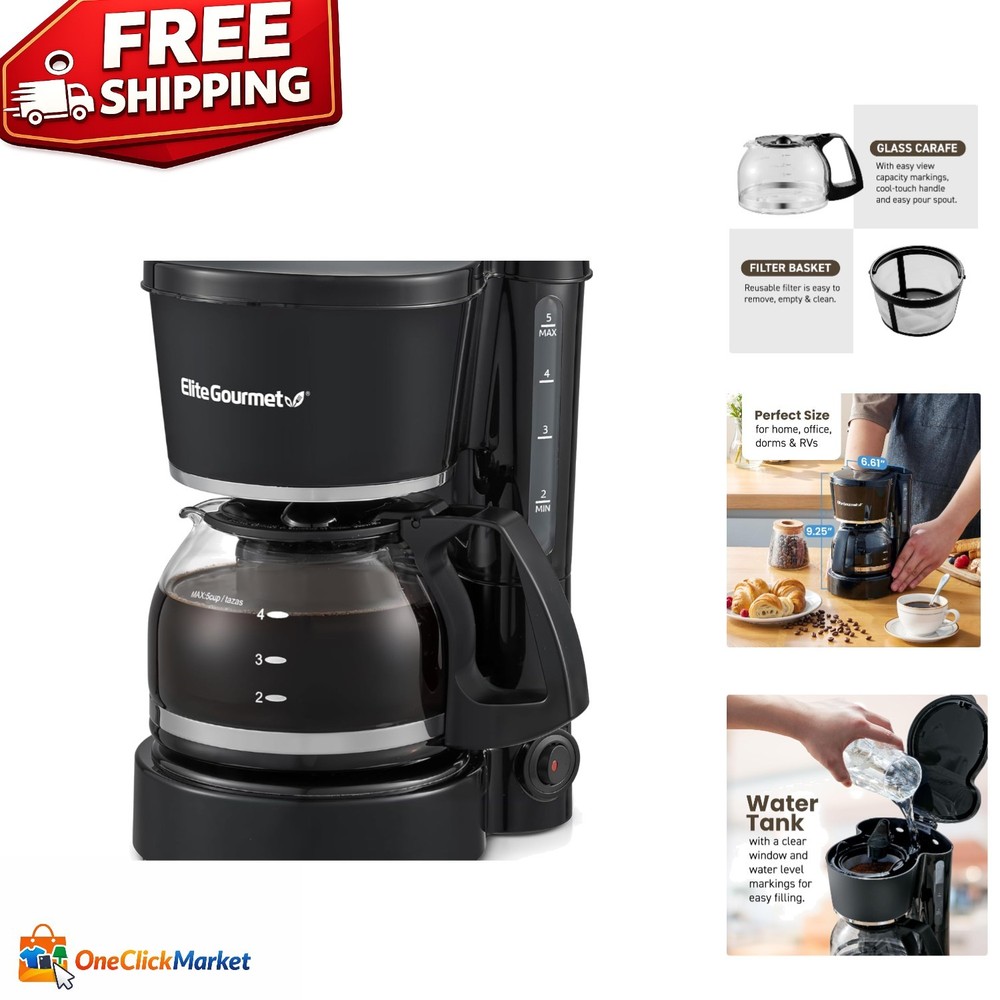 Compact 5-Cup Brew & Drip Coffee Maker with Reusable Filter and Water Indicator