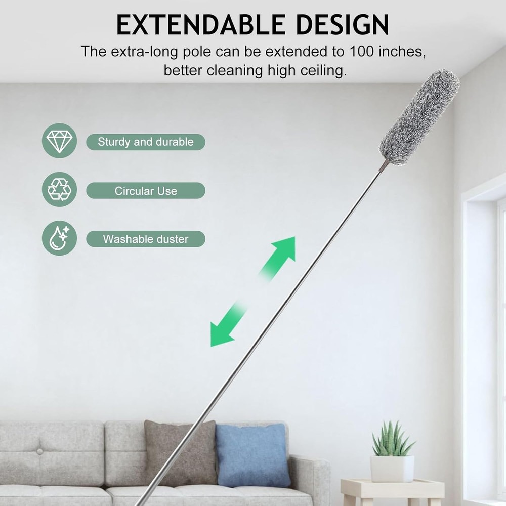 Washable Extra-Long Duster with Electrostatic Microfiber Head for High Dusting