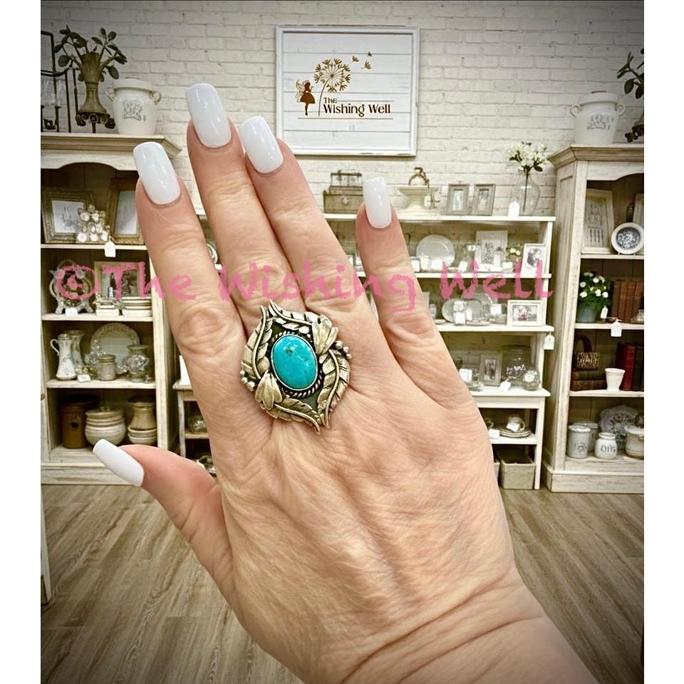 Kingman Turquoise Leaf Feather Statement Ring Size 8