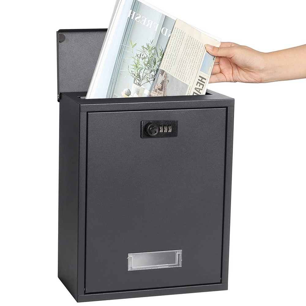 Locking Mailbox Wall Mount Combination Lock Drop Box Large Capacity Black NEW