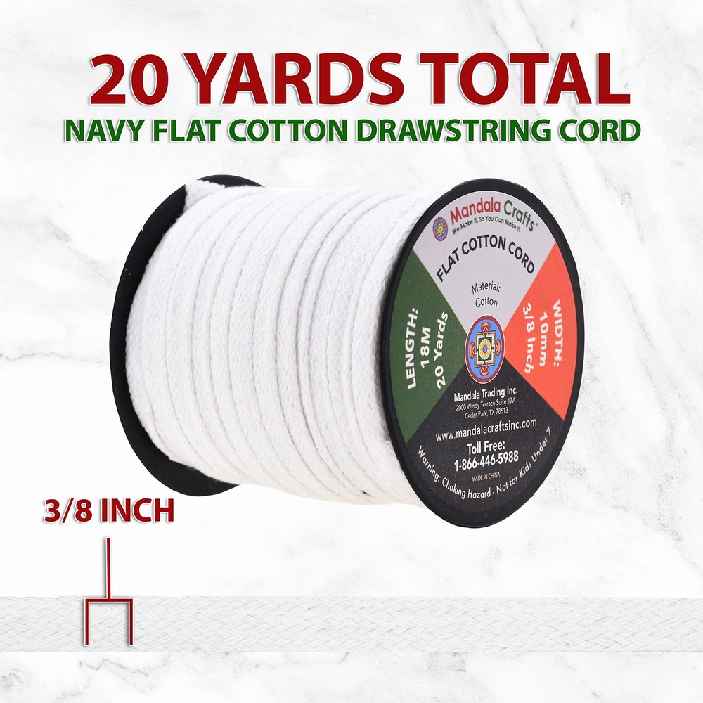 White Flat Drawstring Cord Drawstring Replacement, 3/8 Inch 20 YDs White Soft...