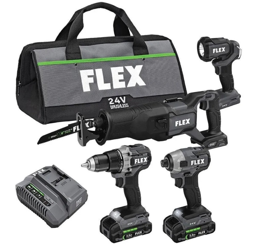Flex FXM401-2A Impact Driver, Recip Saw, Drill Driver & Work Light 4-Combo Kit
