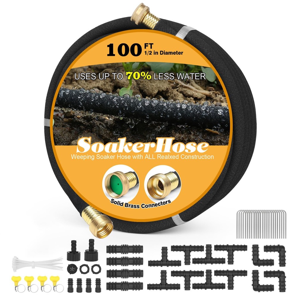 Soaker Hose 100ft for Garden Beds Solid Brass Interface 100 FT, 100FT